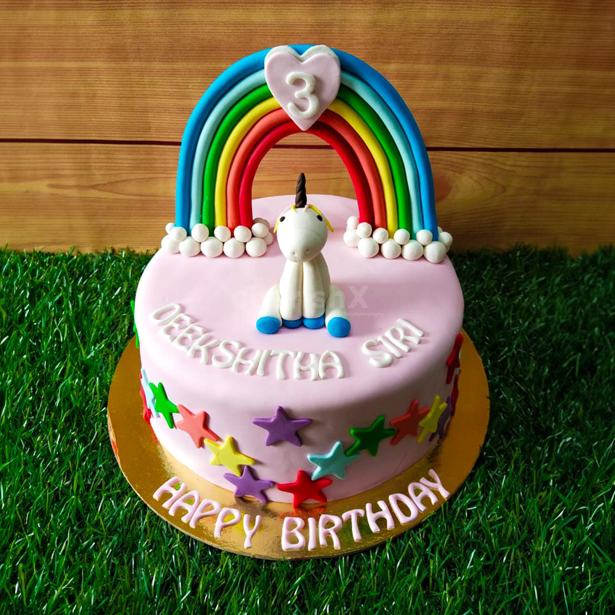 Elevate Your Celebration with Our Unicorn Theme Fondant Cake, Complete with a Whimsical Rainbow Topper!