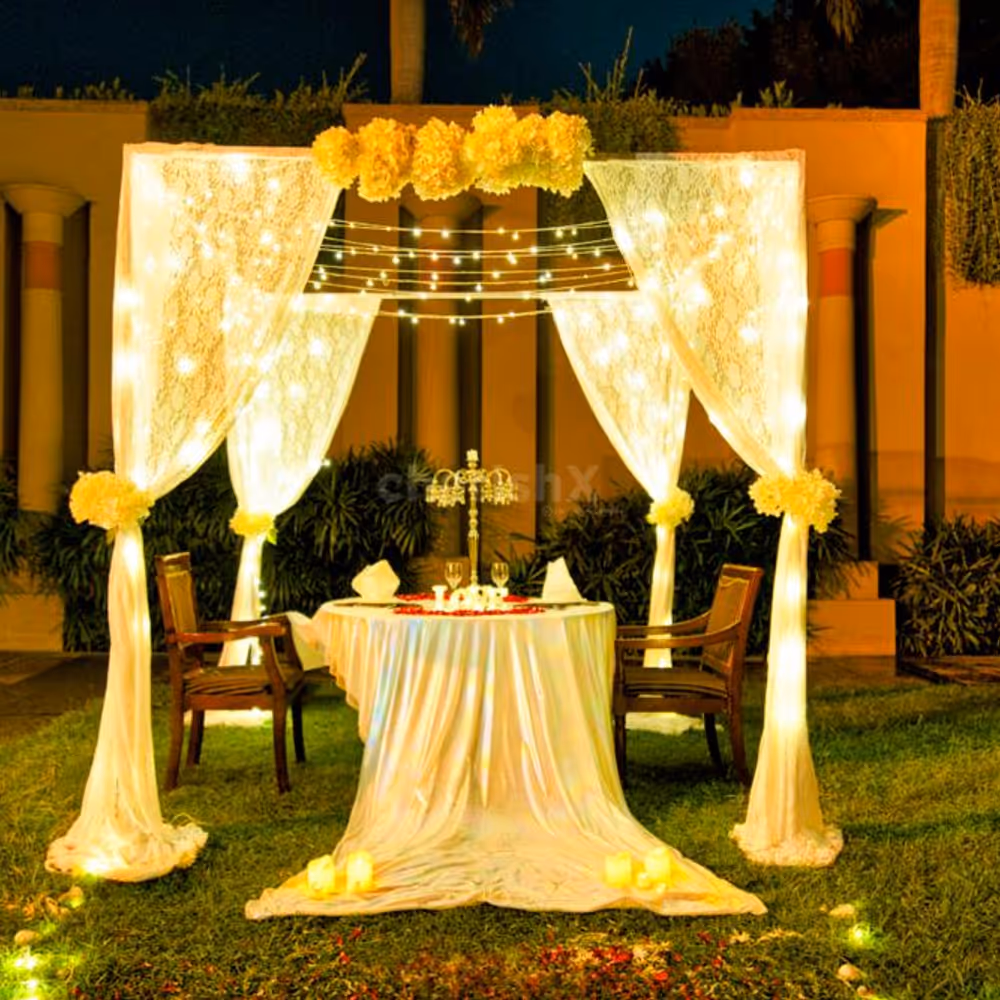 Romantic cabana decor enchants you with soft white drapes, twinkling fairy lights, fragrant blooms, and the warm glow of candles.
