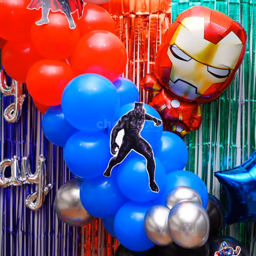 Illuminate the Birthday Bash with a Silver Cursive Foil Balloon and Iron Man Piece Set.