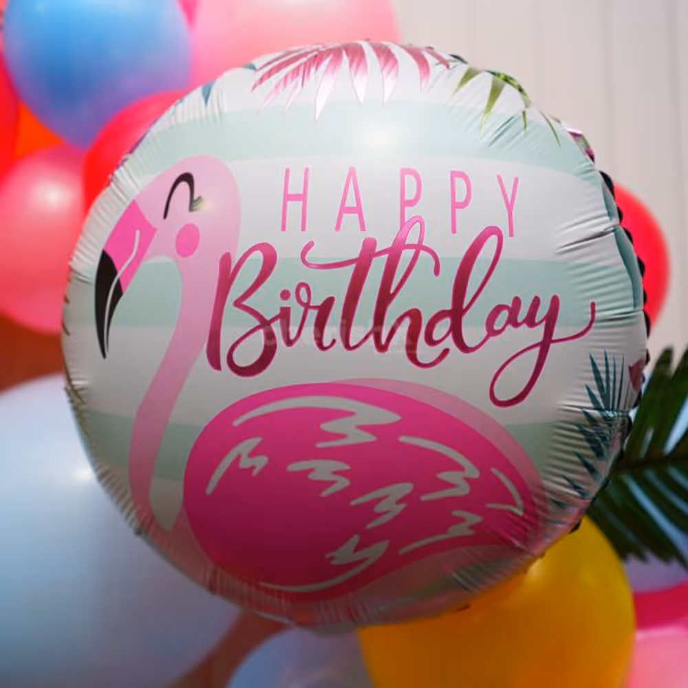 Embrace the Festive Spirit with Flamingo Pieces, Dark Green Palm Leaves, and Big Macron Balloons.