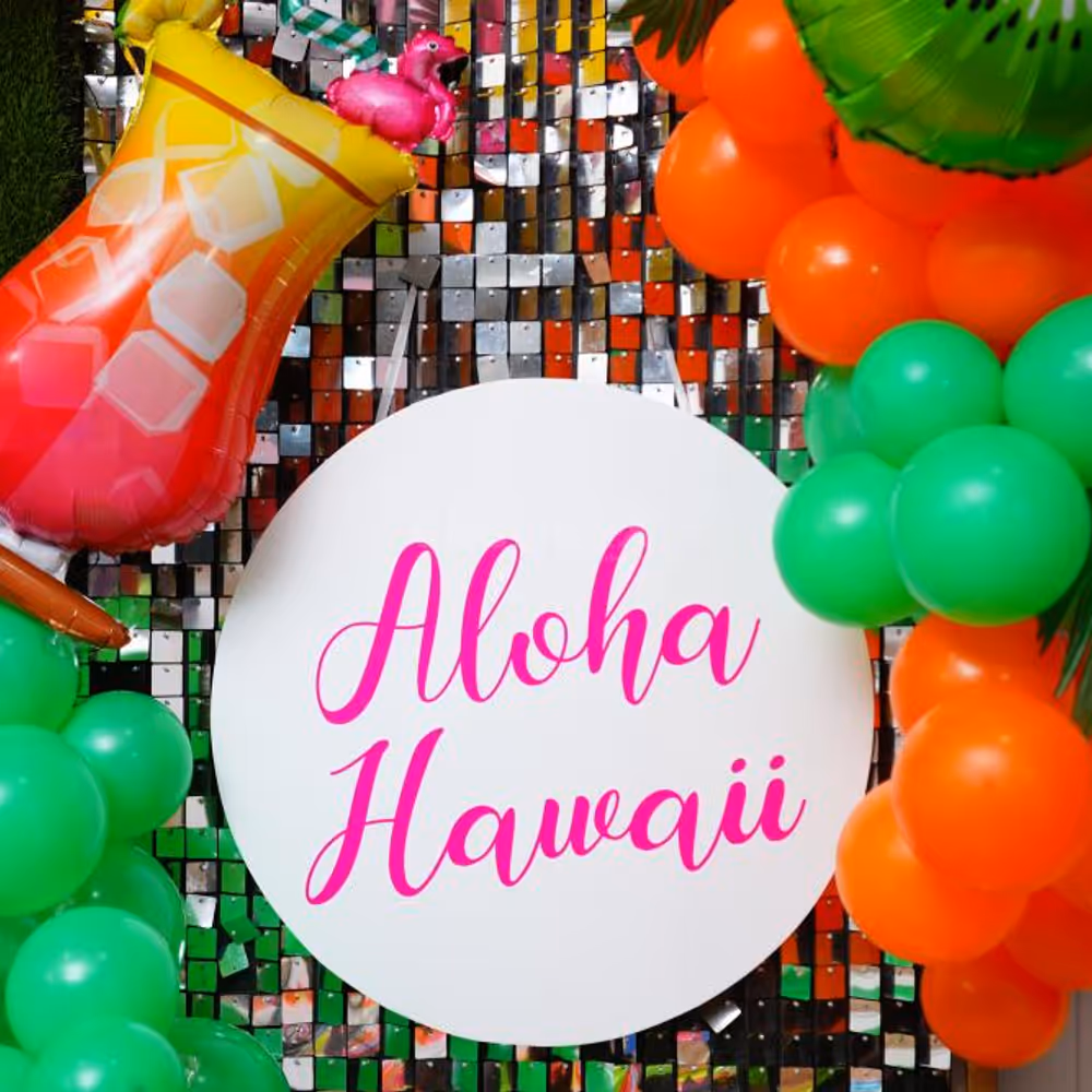 Elevate the Celebration with a Vibrant Balloon Arch in Hawaiian Hues.