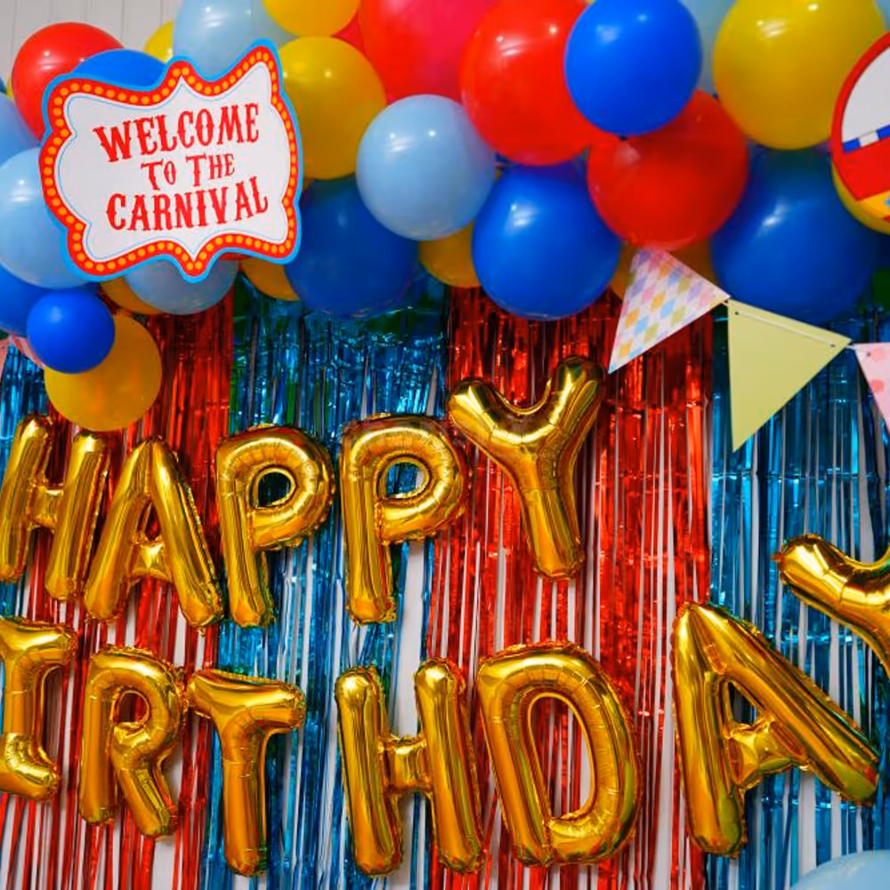 Elevate the Celebration with Vibrant Balloons, Frill Curtains, and Playful Confetti.