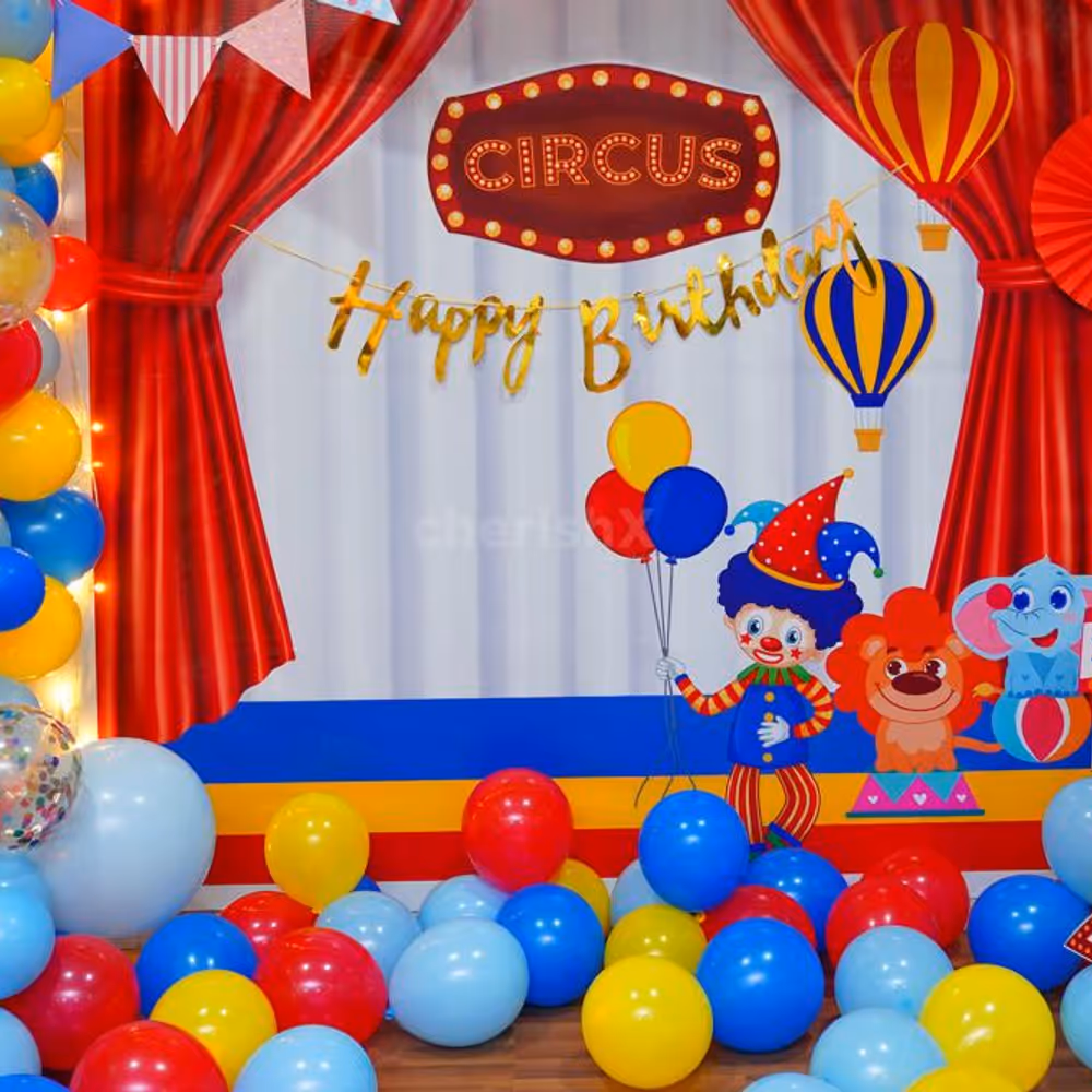 Circus Magic in the Air: Immerse in Triangle Bunting and Red & Blue Rosettes.