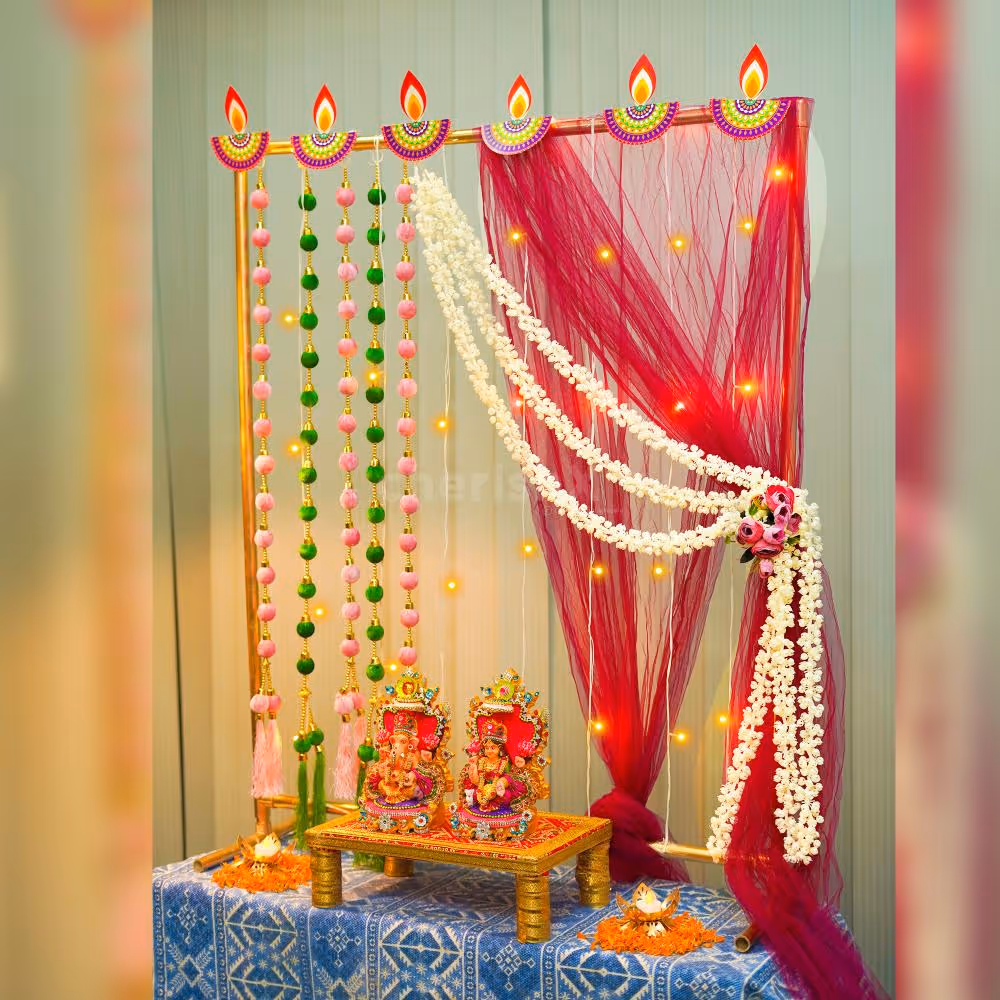 Craft a beautiful backdrop for your deities with our versatile Divine Mandap Backdrop Kit. Your creativity, our essentials!
