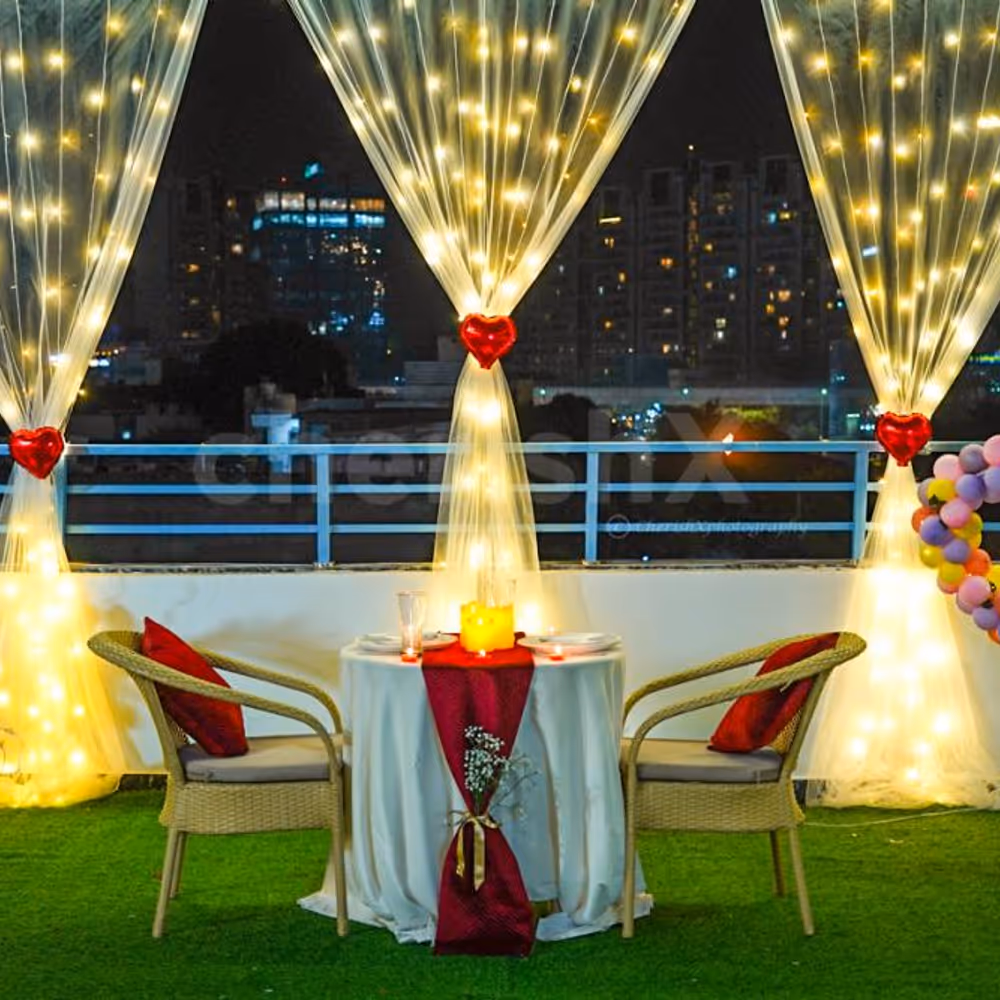 Our enchanted open-air setup with flickering candles and pixel lights creates a magical aura.