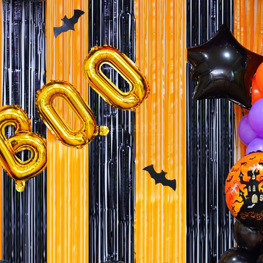Balloon Arch in the Haunting Colours of Orange, Purple, and Black, Creates the Perfect Eerie Backdrop