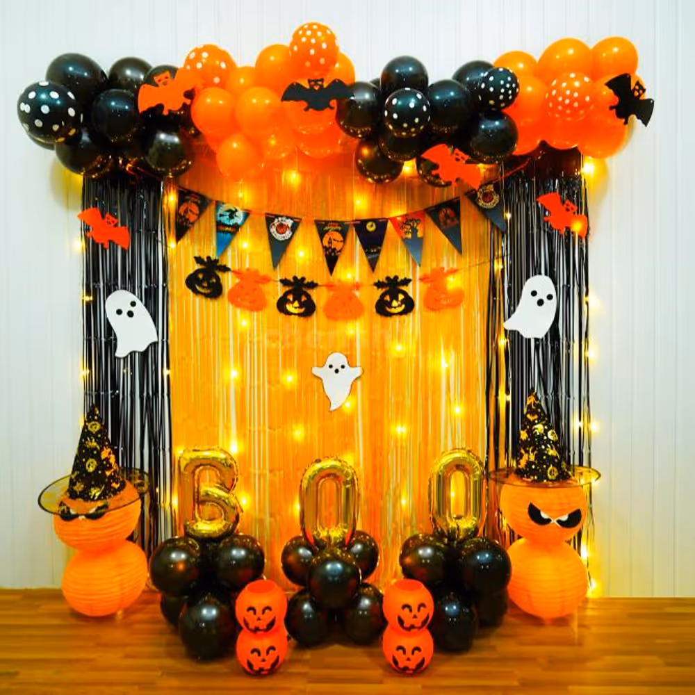 Eerie Charm Awaits With Orange Metallic Balloons and Frill Curtains