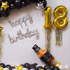 Black white golden and silver balloons for birthday that celebrates ageing