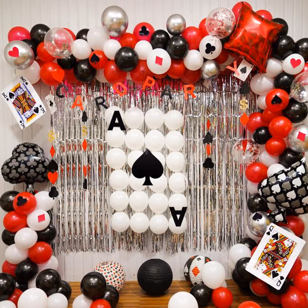 Elegant Casino-Themed Balloon Arch in Black, Red, and White Balloons.