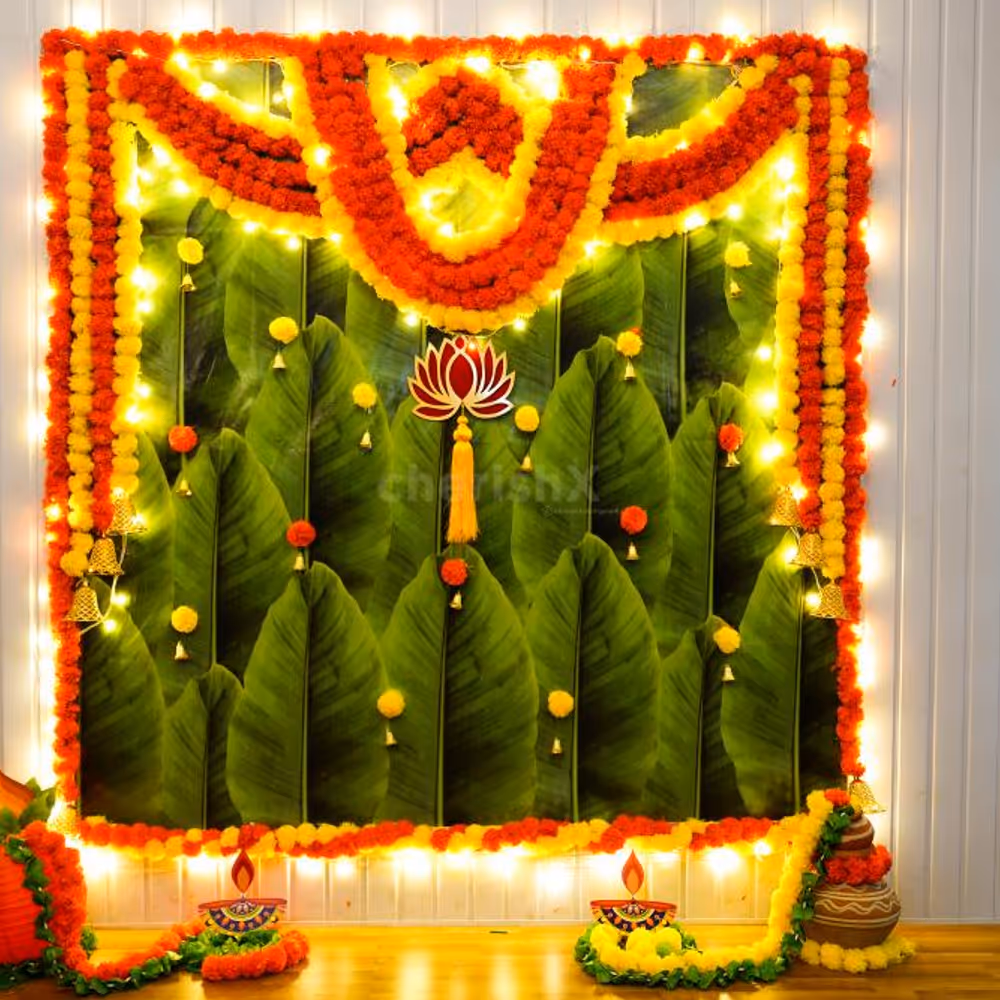 Lush leaves, golden bells, and twinkling pixel lights are beautiful elements that adorn our festive masterpiece.
