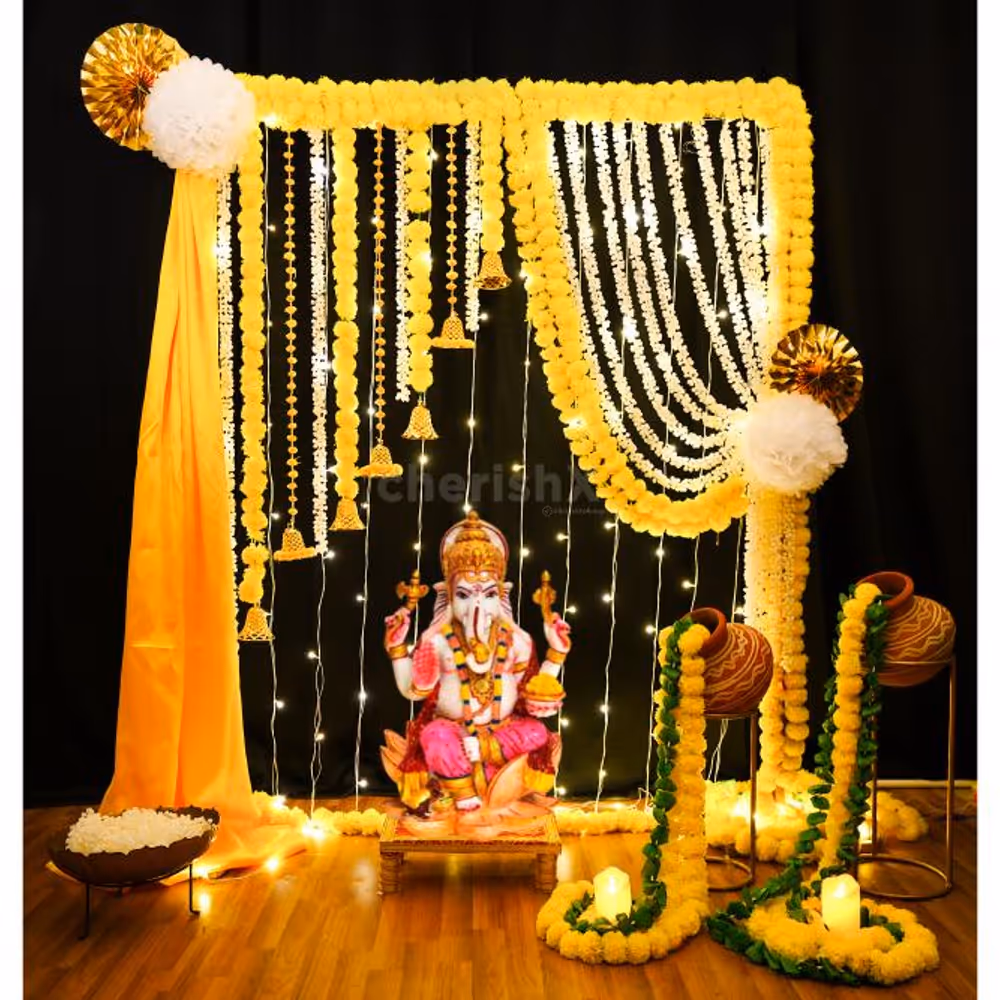 Embrace the festive spirit with vibrant garlands and fragrant jasmine strands, infusing your home with vibrant positivity and joy.