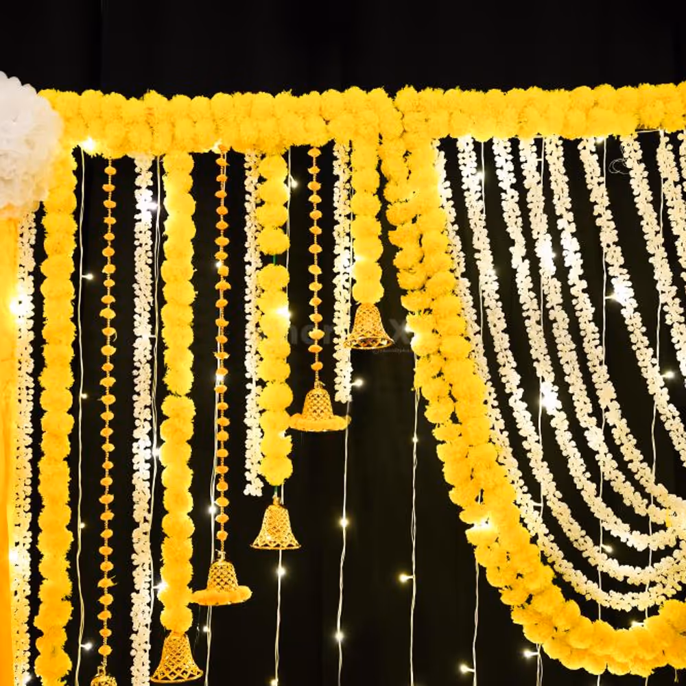 Elevate your Diwali or Navratri décor with our Garland-themed backdrop, a versatile beauty that adapts to any celebration.