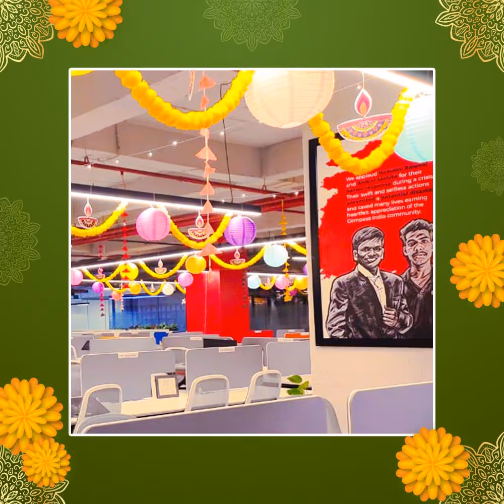 A cluster of colourful paper lanterns, showcasing a lively workstation decoration for Diwali.