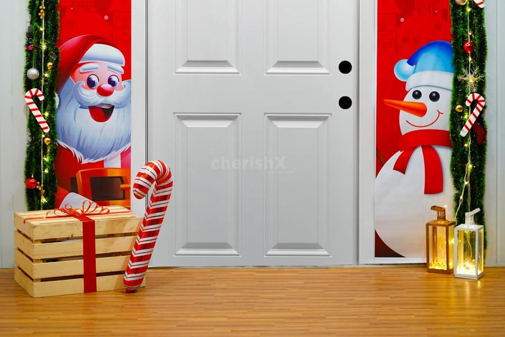 Enchanting Jingle Bell Entrance Decoration featuring Golden Snowflakes, Pixel LED Lights, and a whimsical Candy Foil Balloon.