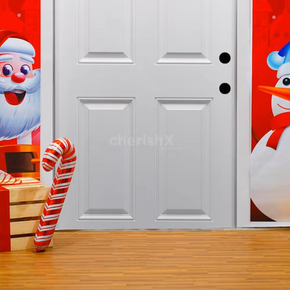Enchanting Jingle Bell Entrance Decoration featuring Golden Snowflakes, Pixel LED Lights, and a whimsical Candy Foil Balloon.