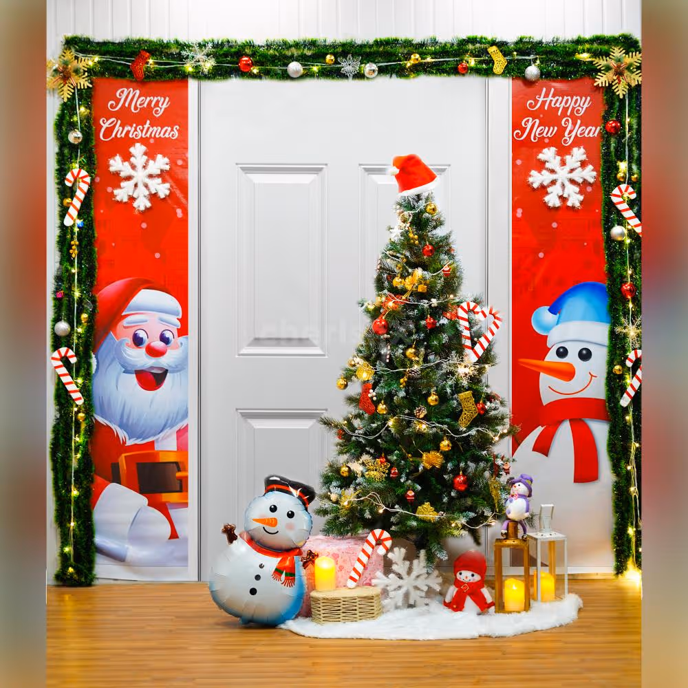 Customizable decoration features wooden crates, lamps enhancing the overall Christmas vibe.