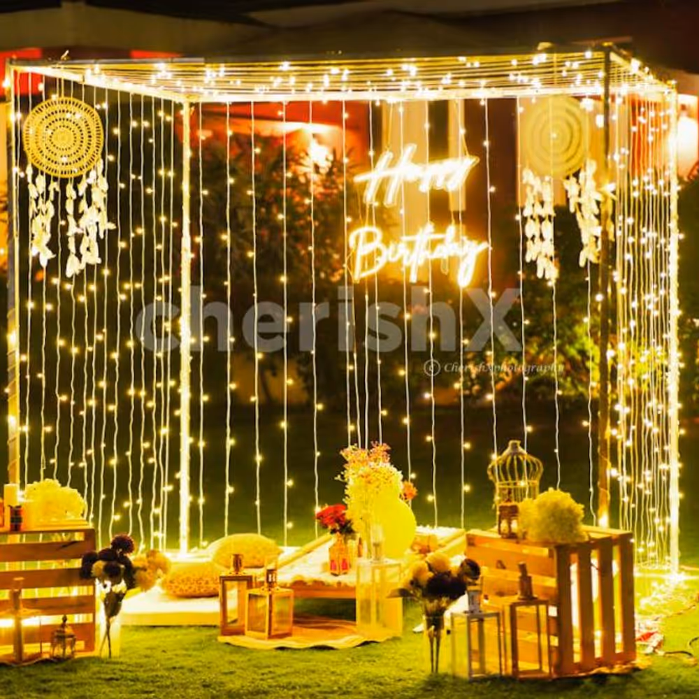 Dreamy cabanas adorned with twinkling lights, dream catchers, and pixel lights, create a romantic escape under the stars.