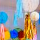 A selection of colourful paper lanterns as part of festive decorations.