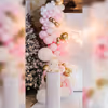 Experience the magic of the heartwarming baby shower decor with a backdrop of pink flex, adorned with a winged neon light and an arch of balloons in white, pastel pink, blush pink, and chrome, creating a whimsical and charming ambiance.