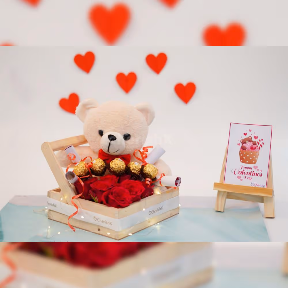 A wooden basket filled with 5 Ferrero Rocher chocolates, radiating sweetness and indulgence.