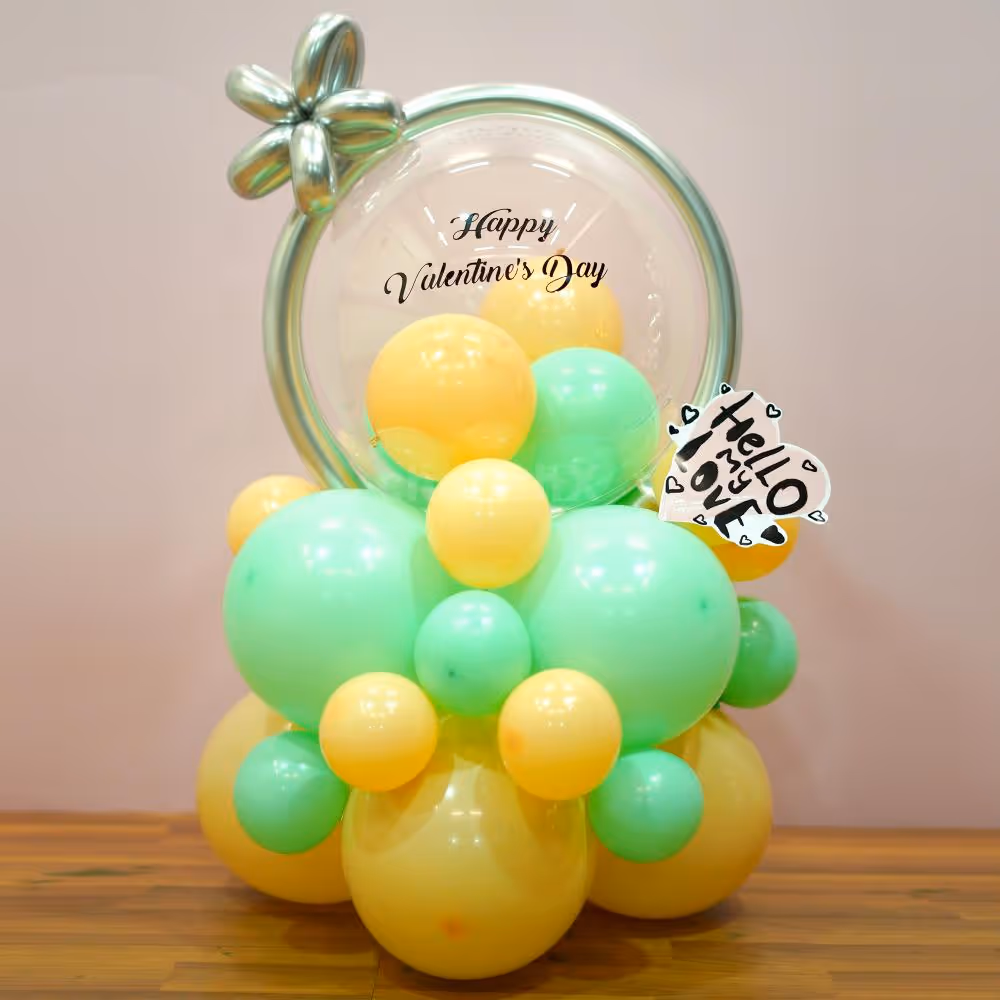 This special balloon bouquet boasts a Bubble Balloon with a Happy Valentine's Day Black Vinyl