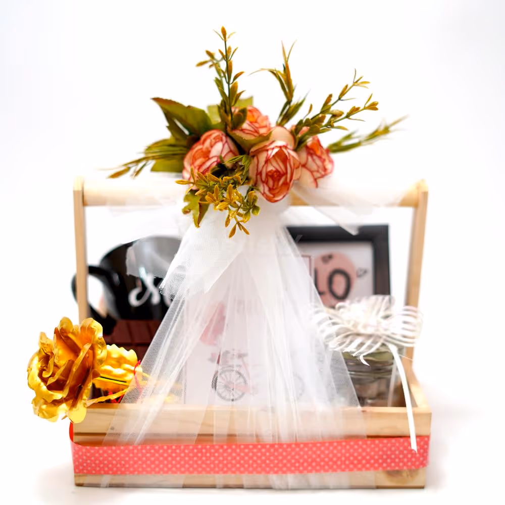 Wooden Handle Basket with Red Ribbon and White Net Fabric for Sweet Love Valentine Hamper
