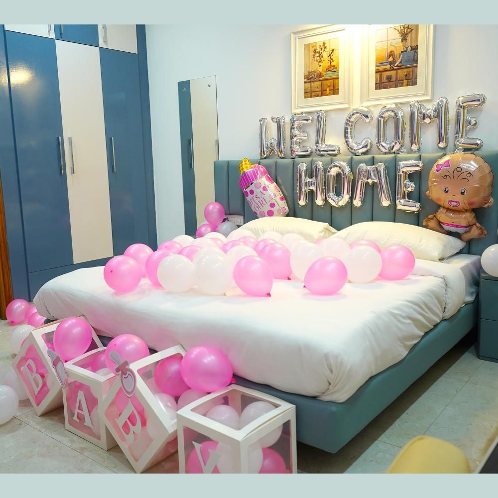 Baby girl welcome decoration pink and white at home