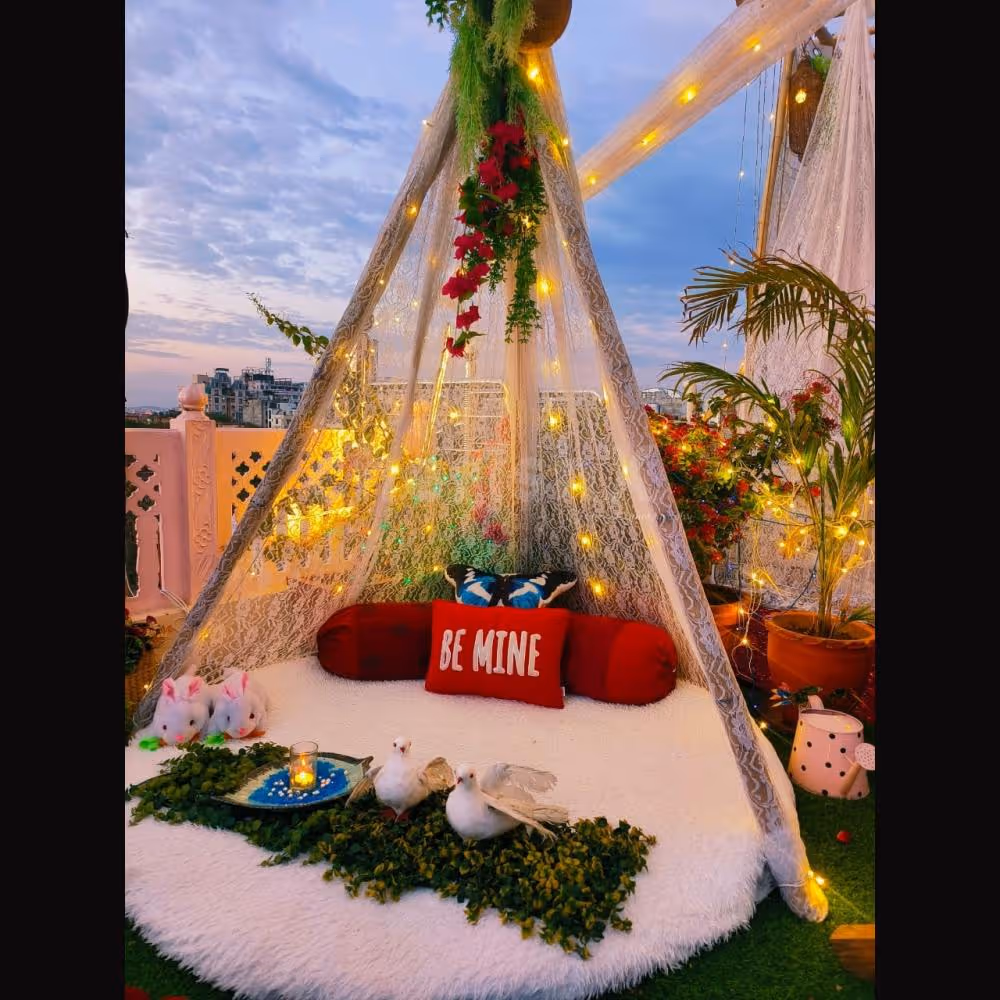 Step into a dreamy ambiance under cascading white drapes