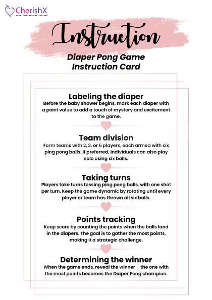 Diaper pong baby shower game instruction card