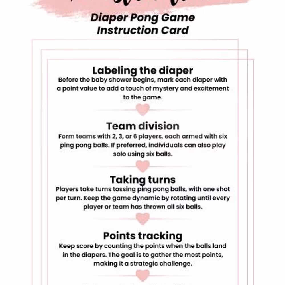Diaper pong baby shower game instruction card