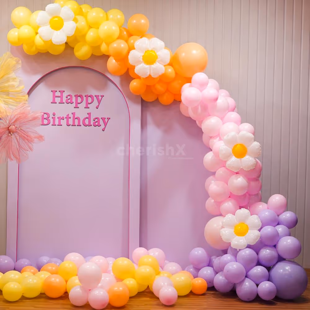 Capturing the essence of celebration with flowers and pastel balloons