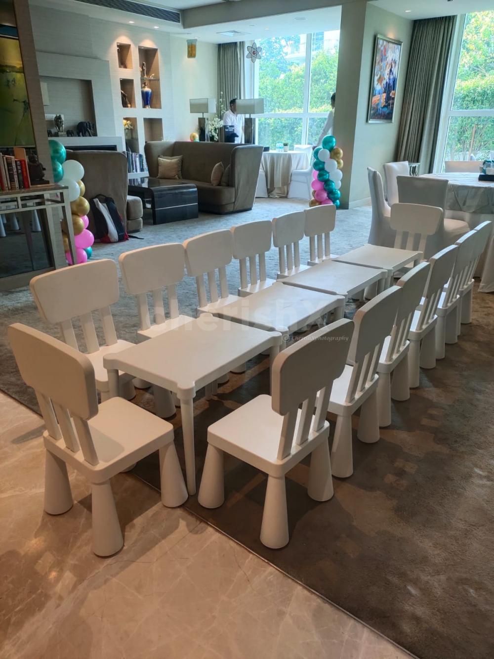 White Kids Party Furniture Set - 1 Table & 4 Chairs for 4-Hour Events ...
