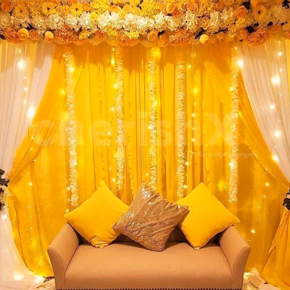 Stunning backdrop decor featuring high-quality artificial flowers and charming hanging props.