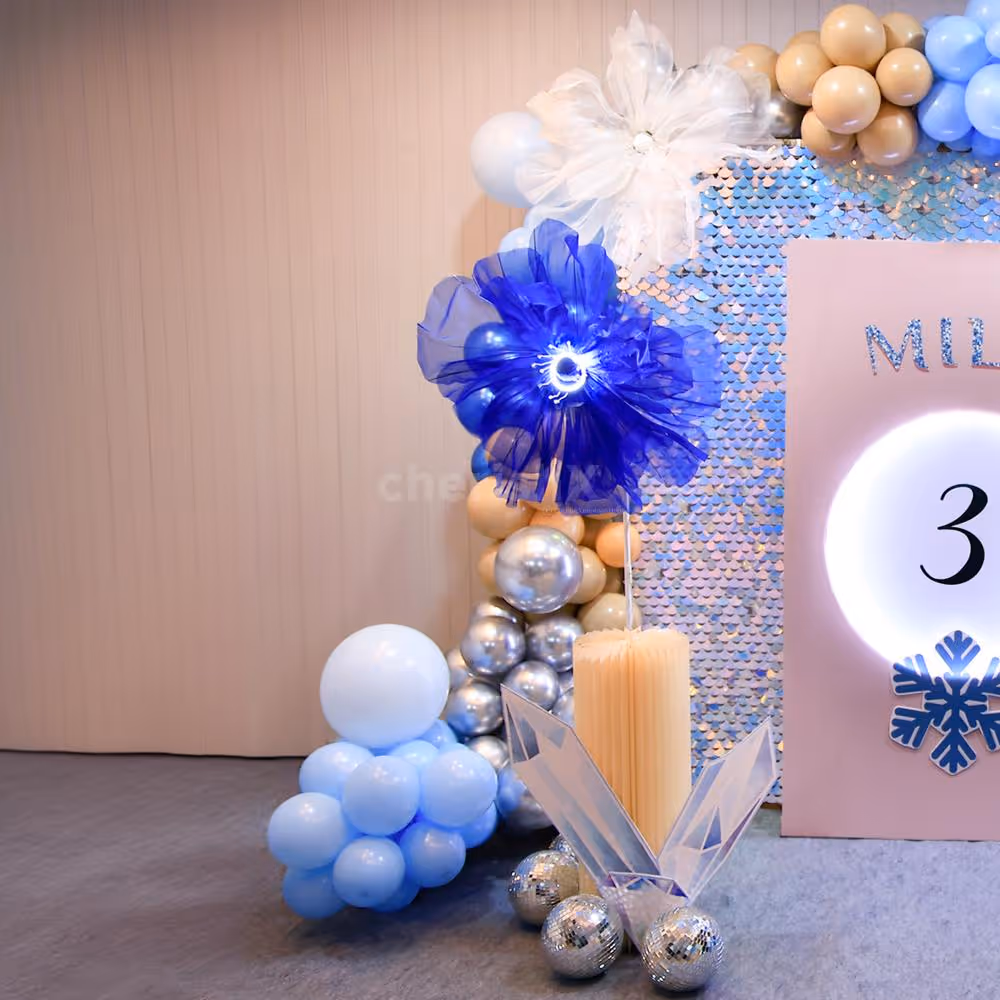 Step into a world of wonder with our premium floral and balloon birthday decoration