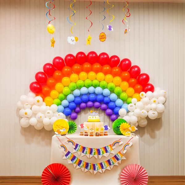 A rainbow balloon arch to make your child's birthday unforgettable