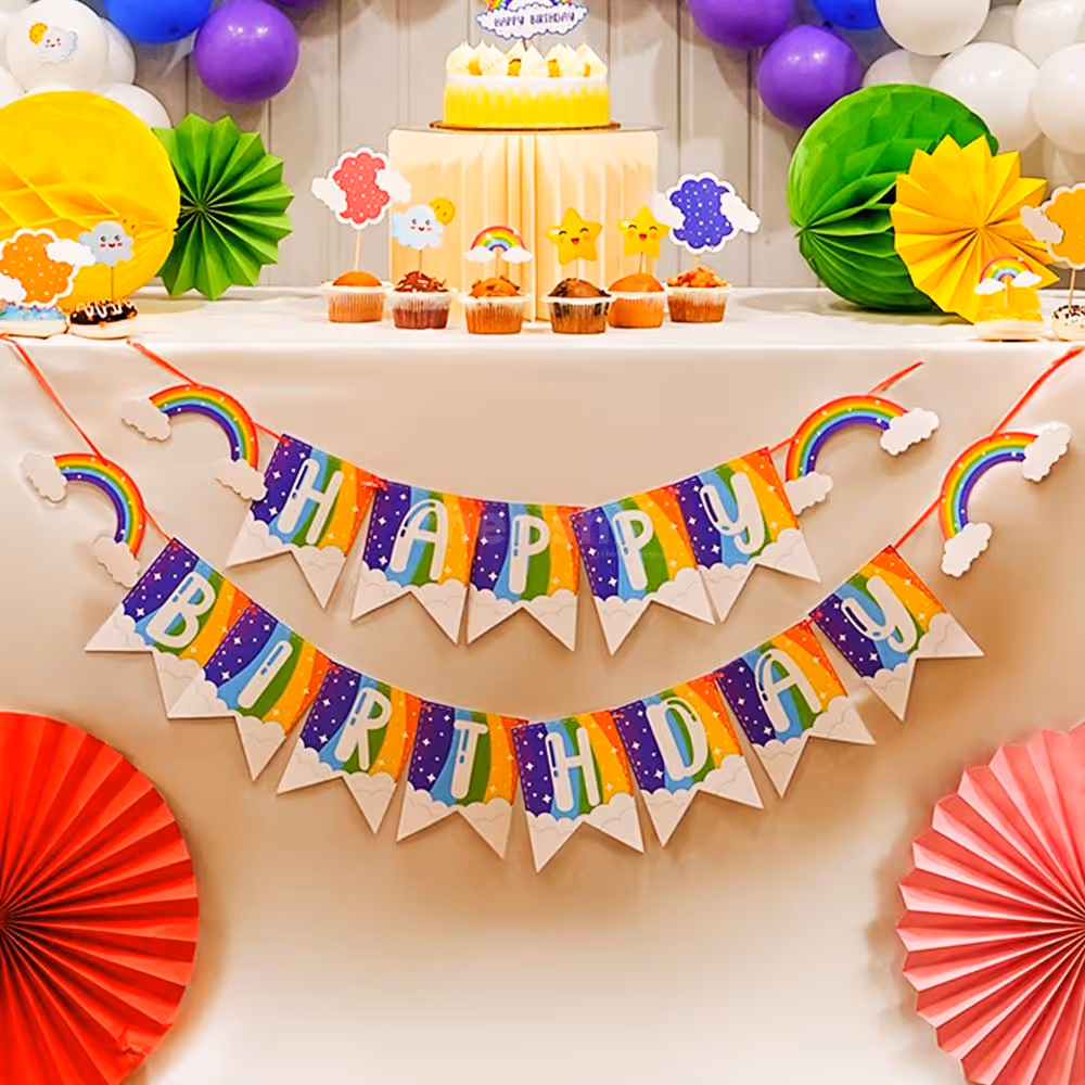 Colorful Rainbow Happy Birthday Bunting sets the perfect party backdrop