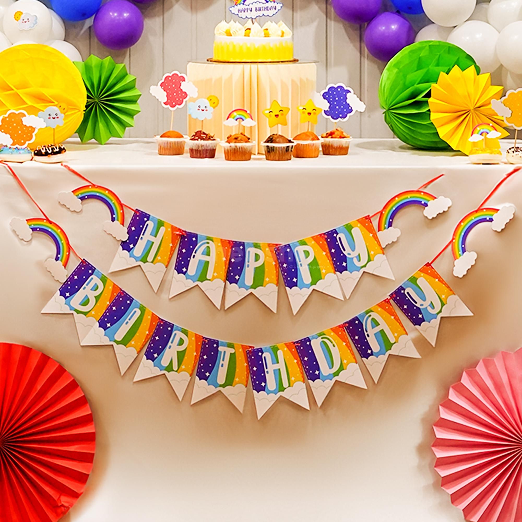 Colorful Rainbow Happy Birthday Bunting sets the perfect party backdrop