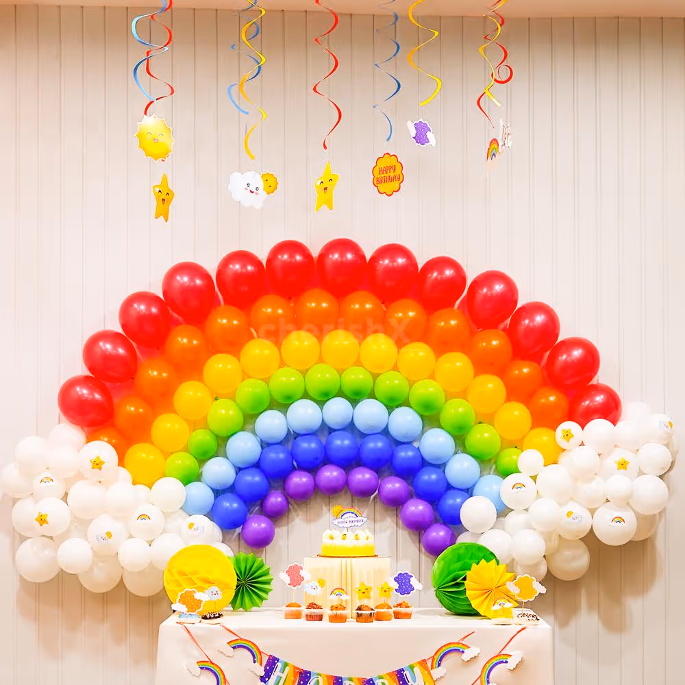 Whimsical rainbow swirls and characters for a magical ceiling decoration
