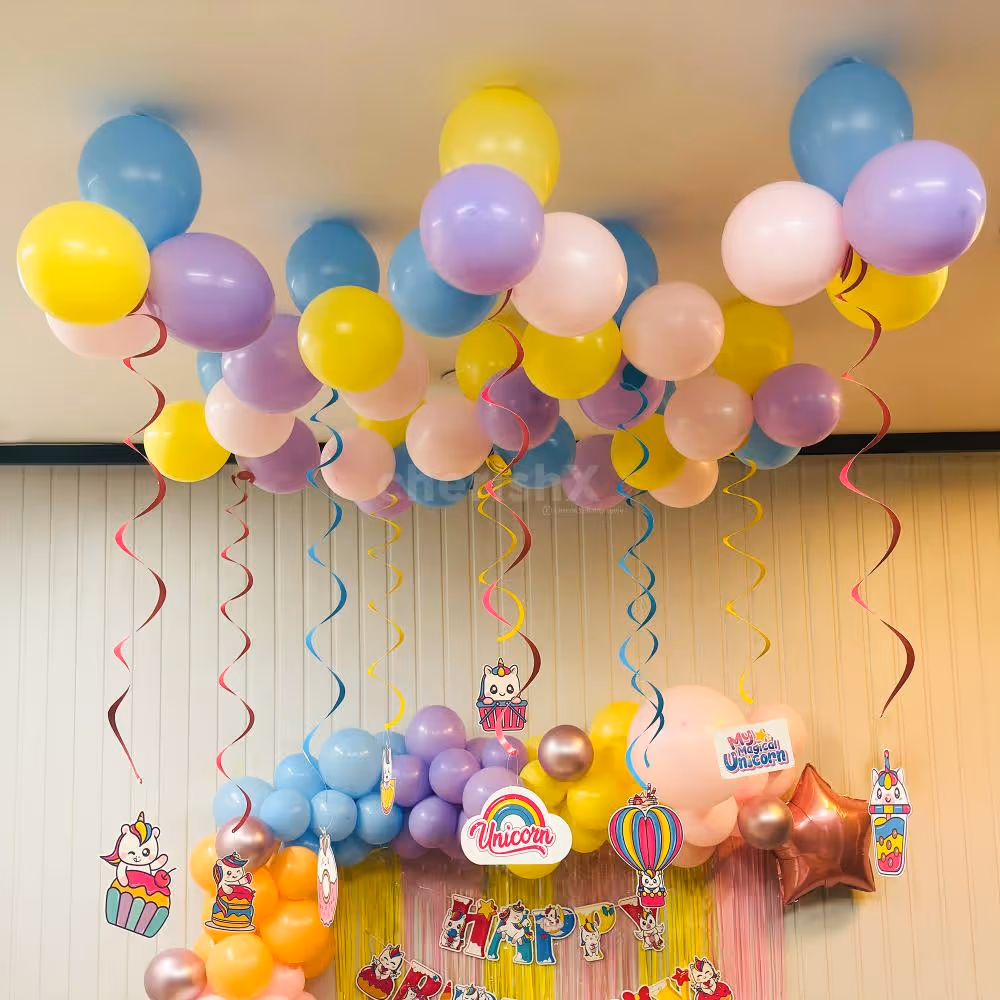 Transform Your Ceiling With Pastel Balloons And Unicorn Swirls With Characters