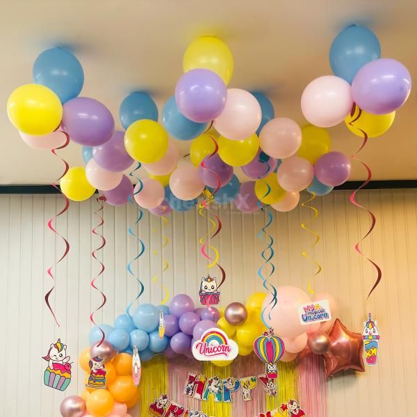 Transform Your Ceiling With Pastel Balloons And Unicorn Swirls With Characters