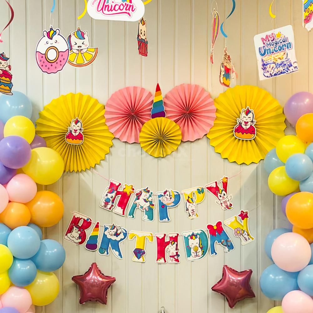 Unicorn  Theme Birthday Decoration With Pastel Color Balloons & Rosettes