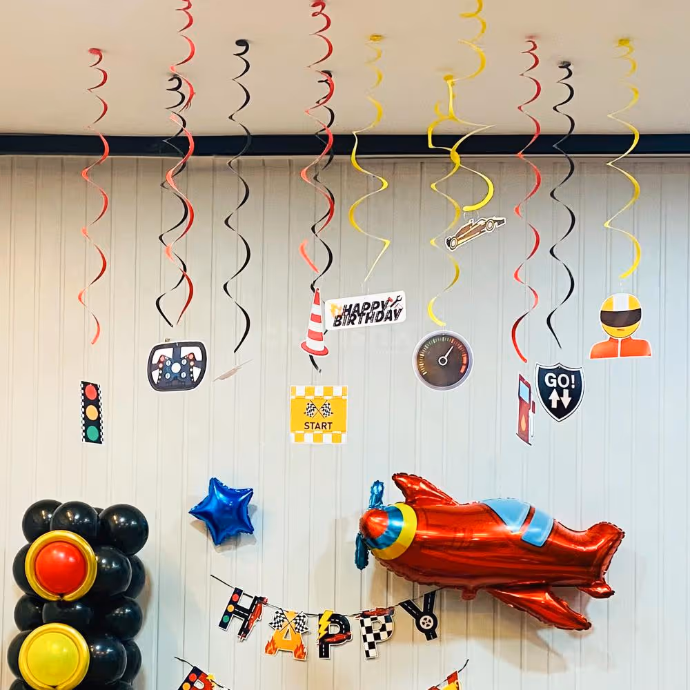 Package Decoration - Transport Bunting, Swirls with Charaters, Cake Topper and Cup Cake Toppers are added