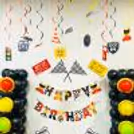 Car Theme Package Decor with Swirls , Happy Birthday Banner, Cake Topper and Cup Topper