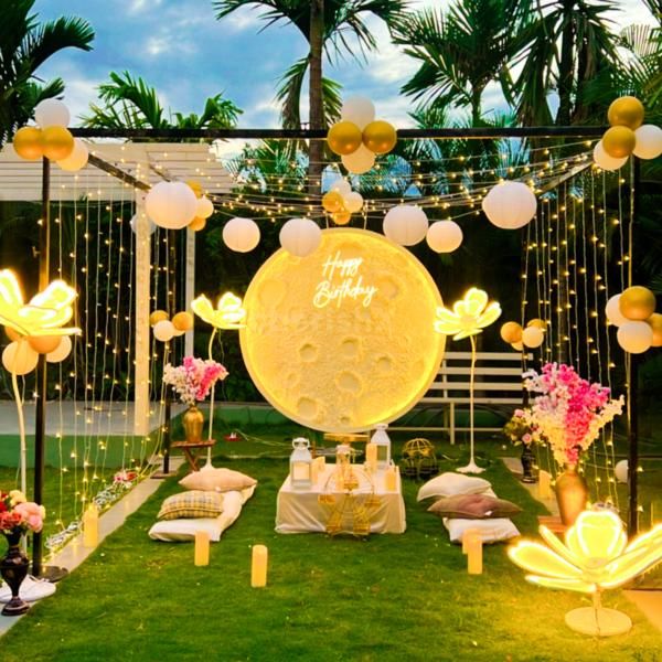 Enchanting Cabana Setup - Bask in the glow of pixel lights and lanterns under the night sky.