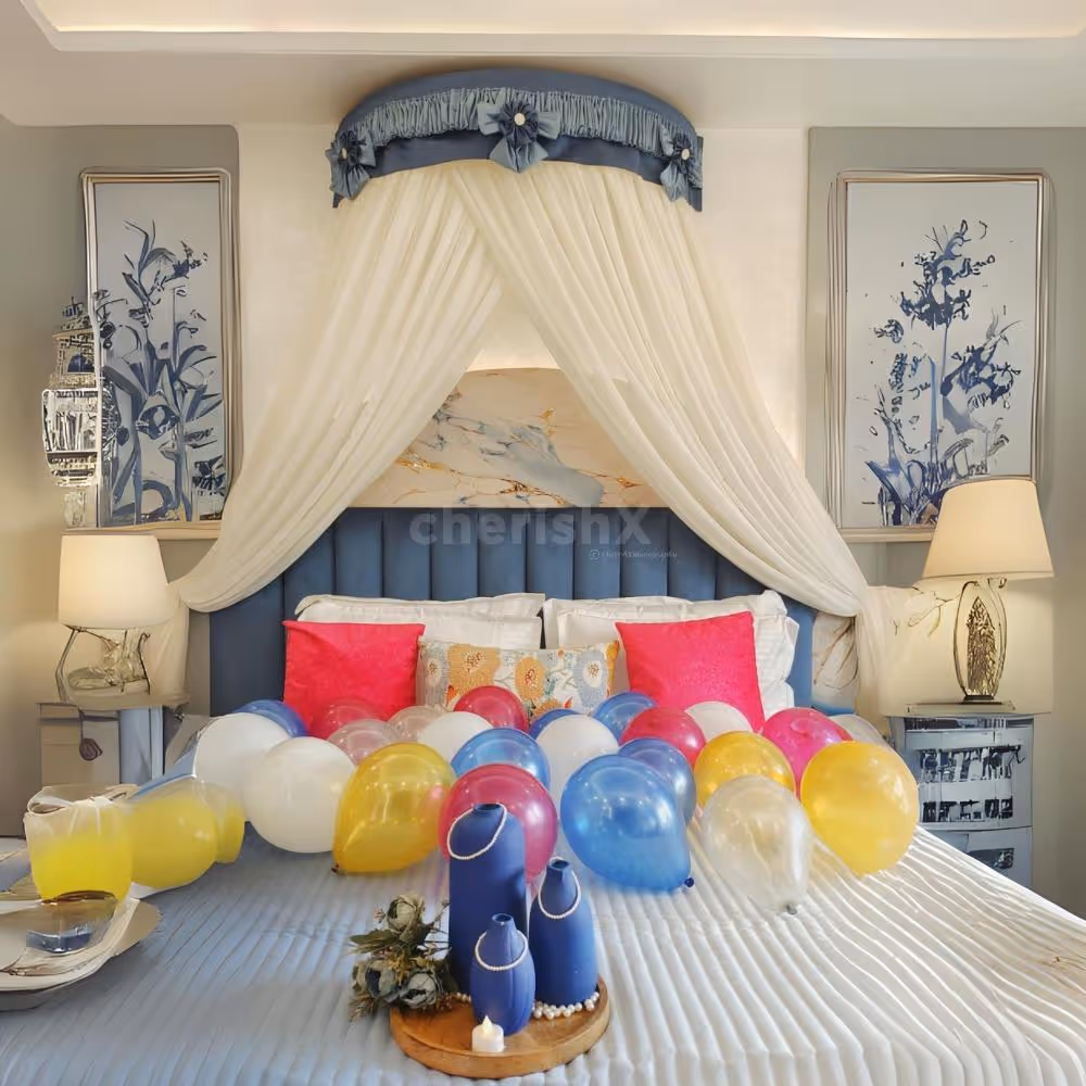 Snuggle up on a cozy canopy bed for a romantic movie night