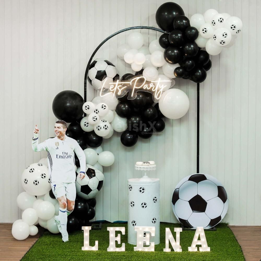 Football decor with lets party neon signage to enhance your setup more