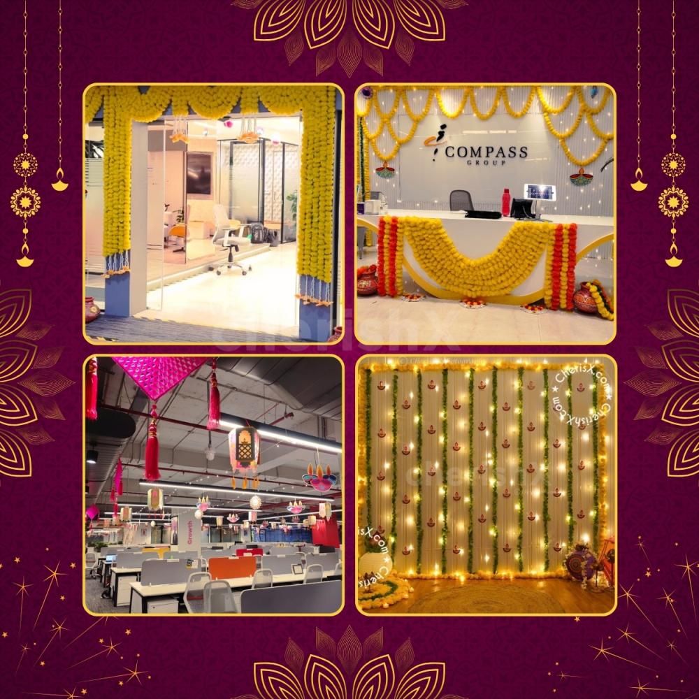 Diwali office decoration package with reception, entrance, ceiling and backdrop