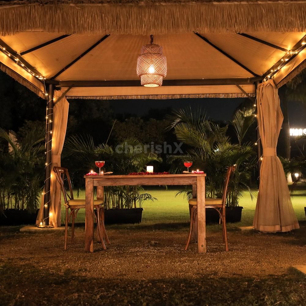 Intimate dinner for two in a beautifully decorated cabana