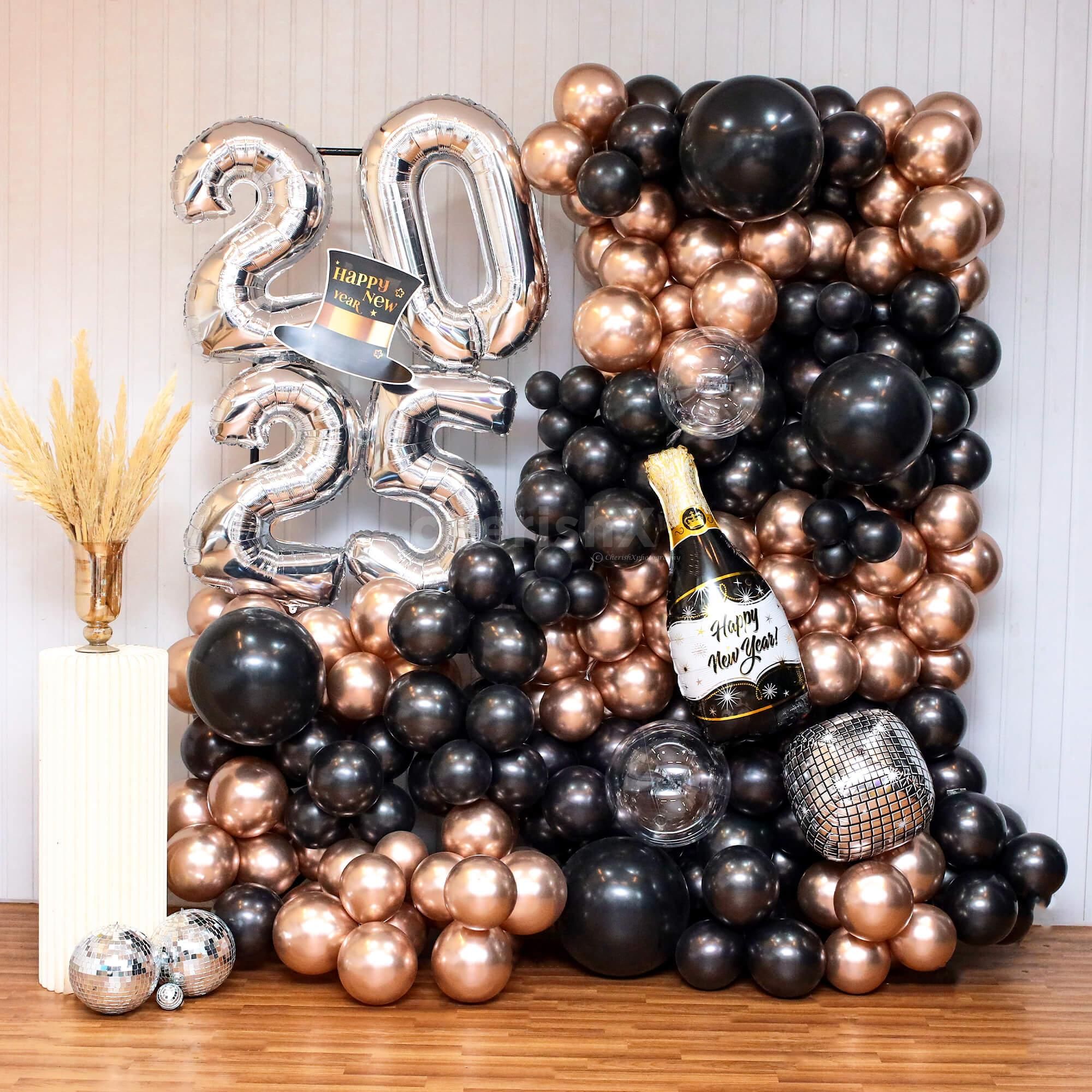 Elegant Balloon Decor for New Year 2025 Black & Champagne Theme