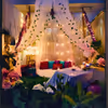Indulge in a magical evening with a cozy canopy setup and gourmet delights